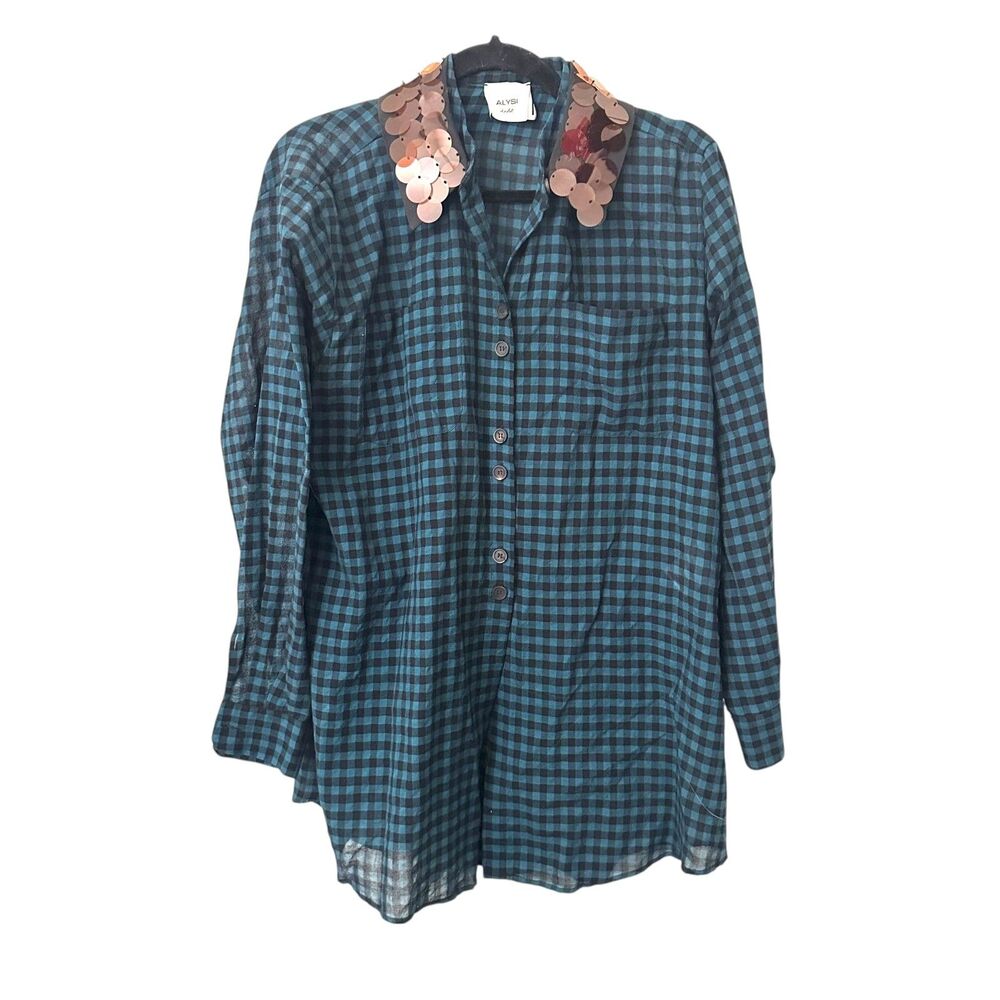 ALYSI Checkered Tunic Sequin Collar‎ Teal Sz 4